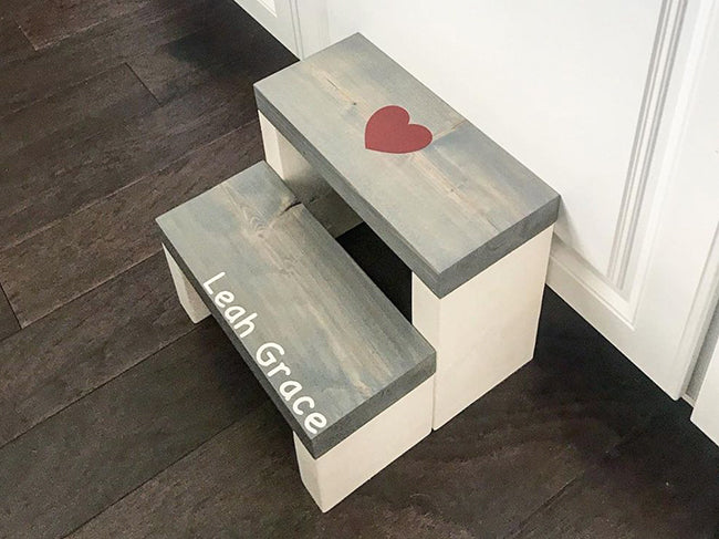 Step stool customized with child's name and a heart graphic
