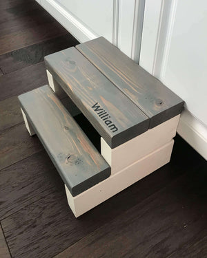 Customized Split Top Two Step in Lion White and Weathered Gray Stain