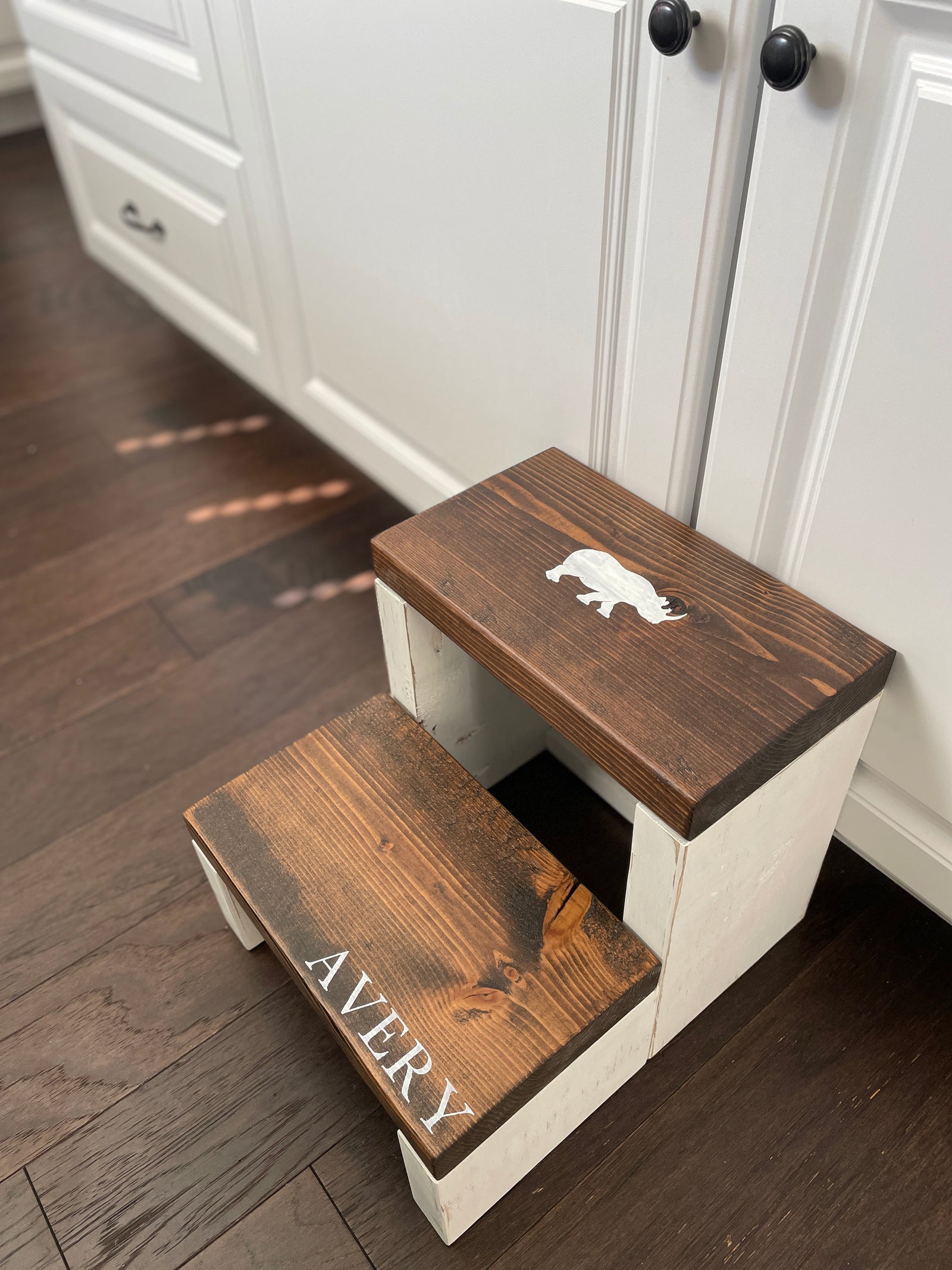 Customized Jumbo Two Step in Lion White Paint and Jacobean Stain